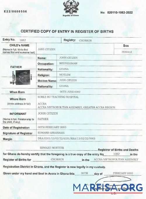 Realistic Ghana birth certificate template in PSD format